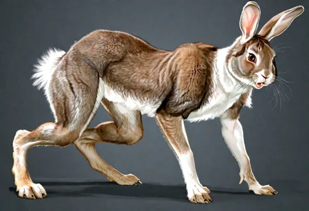 .1man,25 years old,(brown hair,long hair,wavy hair,layered hair),handsome,(transformation,species transformation:0.8) into (rabbit),feral transformation,confused,realistic,full body shot,body horror,((paws)),looking down at hands,buck teeth, rabbit teeth,((rabbit ears)),furry ears,long rabbit ears,man morphing into rabbit, embarrassed,(realistic fur, rabbit fur, fluffy fur,brown fur,detailed fur texture,fur covering body),rabbit pupils,(rabbit legs),(digitigrade),(on all fours),rabbit muzzle,animalistic proportions,((rabbit body)),human head,