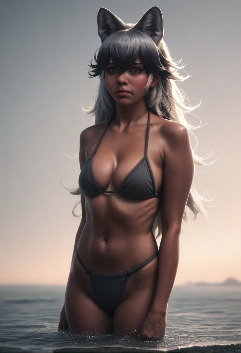 score_9, score_8_up, score_7_up, score_6, score_5, score_4, source_cartoon, realistic, beautiful 1girl, blank expression,grey wolf \(kemono friends\) ocean,sky,water,day,outdoorsdark skin, bikini vscog1rl5 , rating_questionable <lora:VSCO.Girls.Beaches.Abandoned.Places:1>