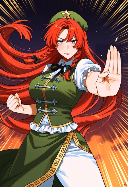 very awa, masterpiece, best quality, year 2024, newest, highres, absurdres, <lora:age_slider_v4:3> <lora:thicc_v1.4-pony:1.2>,detailed_background,outdoors,side slit,vest,noriuma,pants under skirt,floating hair,puffy sleeves,frills,gold trim,black ribbon,hat,frilled sleeves,blue eyes,green vest,cowboy shot,multiple hair bows,very long hair,hat ornament,braid,emphasis lines,looking at viewer,bow,long hair,hair bow,star hat ornament,fighting stance,short sleeves,ribbon,curtained hair,black bow,dated,pants,puffy short sleeves,touhou,skirt,1girl,collared shirt,hong meiling,green skirt,v-shaped eyebrows,chinese clothes,side braids,outstretched arm,shirt,white shirt,highres,beret,red hair,neck ribbon,star \(symbol\),green hat,solo,kung fu,white pants