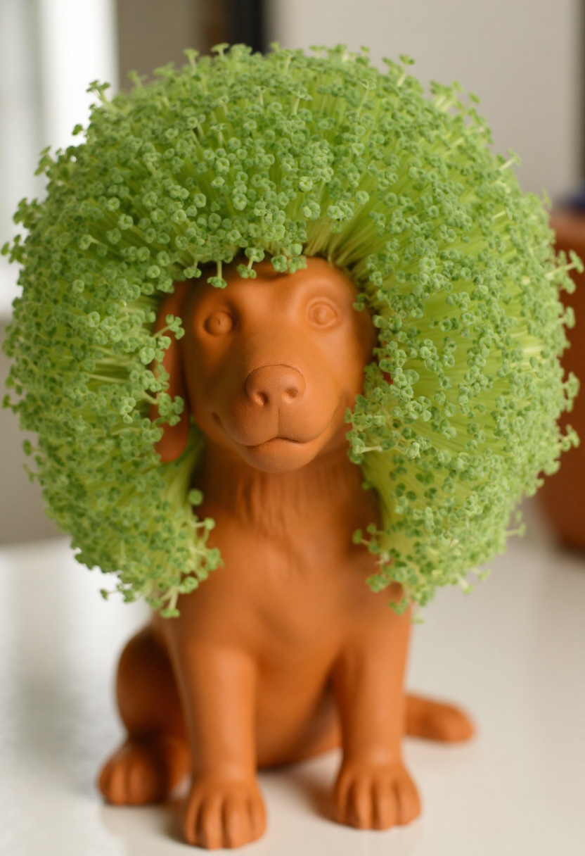 <lora:Chia_Pet_Planter_FLUX-000013:0.9>
Photograph of a terracotta color clay dog, adorned with a lush, vibrant green plant. It is is sitting on a table.