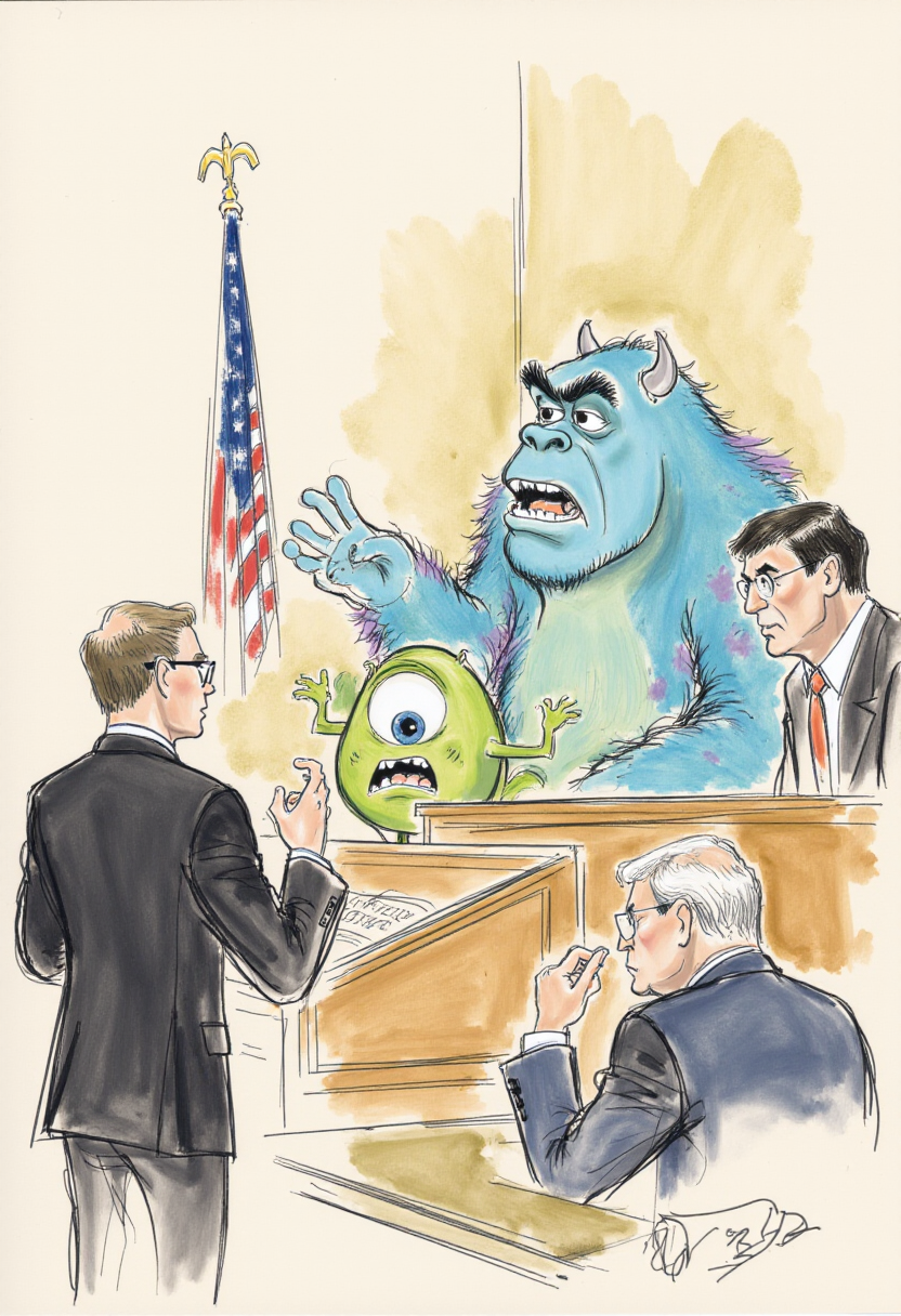 <lora:Courtroom_Sketch_Style_FLUX-000013:0.8>
This is a detailed, hand-drawn courtroom scene in a sketchy, watercolor style depicting Mike Wazowski and Sully on trial, wearing suits.