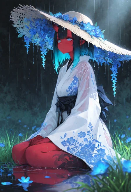 masterpiece, best quality, Good quality, very aesthetic, absurdres, newest,1girl, light rays, solo, 
Cinematic Lighting, gradient color, gorgeous girls
BREAK
masterpiece, amazing quality, best quality, ultra-detailed, 8K, illustration, CG, ultra-detailed-eyes, detailed background, cute girl, eyelashes, erotic, love, petals falling,
BREAK
(sexy, slutty, hot, aroused), 
Aka-Oni, oni, colored skin, red skin, smooth horns, black horns, 
BREAK
detailed eyes, traditional white outfit, white kimono, intricate colorful embroidery, floral lining, traditional straw hat adorned with blue flowers, sitting in the rain, melancholic, raindrops falling gently, wet grass, wet leaves, soft lighting. water drops, reflective water drops, nature background, depth of field, serene, introspective atmosphere, cinematic composition, highly detailed, rich color palette, vibrant tones, earthy tones, view from the side, looking away