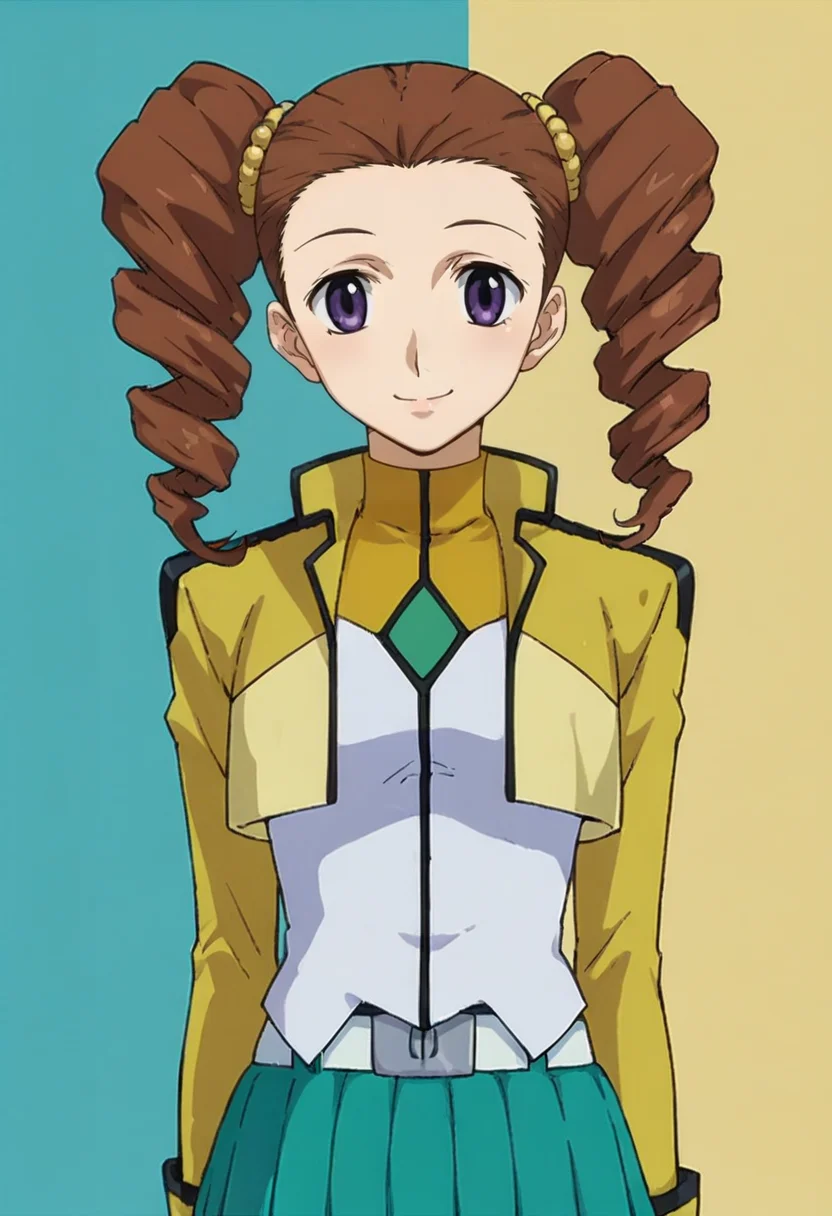 score_9,score_8_up,score_7_up,anime coloring BREAK source_anime,anime,<lora:Mileina_Vashti_Gundam_00_Pony:0.8>,mileina,1girl,solo,purple eyes,brown hair,drill hair,twin drills,hair ornament,cb uniform,cropped jacket,belt,green skirt,pleated skirt,smile,multicolored background,portrait,upper body,looking at viewer,