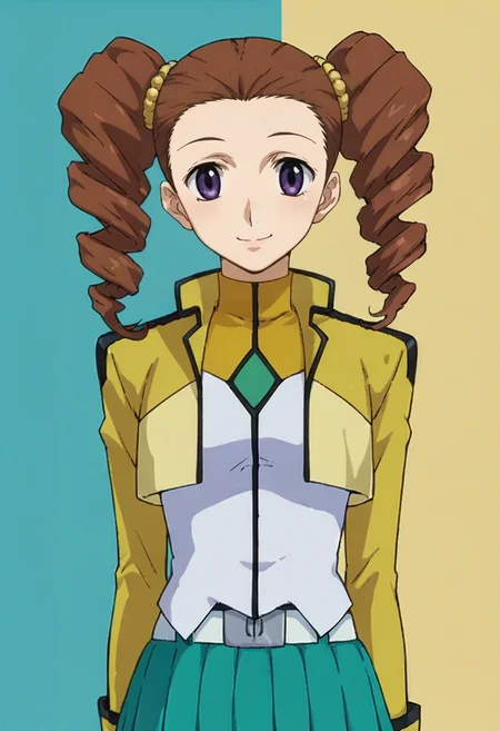 score_9,score_8_up,score_7_up,anime coloring BREAK source_anime,anime,<lora:Mileina_Vashti_Gundam_00_Pony:0.8>,mileina,1girl,solo,purple eyes,brown hair,drill hair,twin drills,hair ornament,cb uniform,cropped jacket,belt,green skirt,pleated skirt,smile,multicolored background,portrait,upper body,looking at viewer,