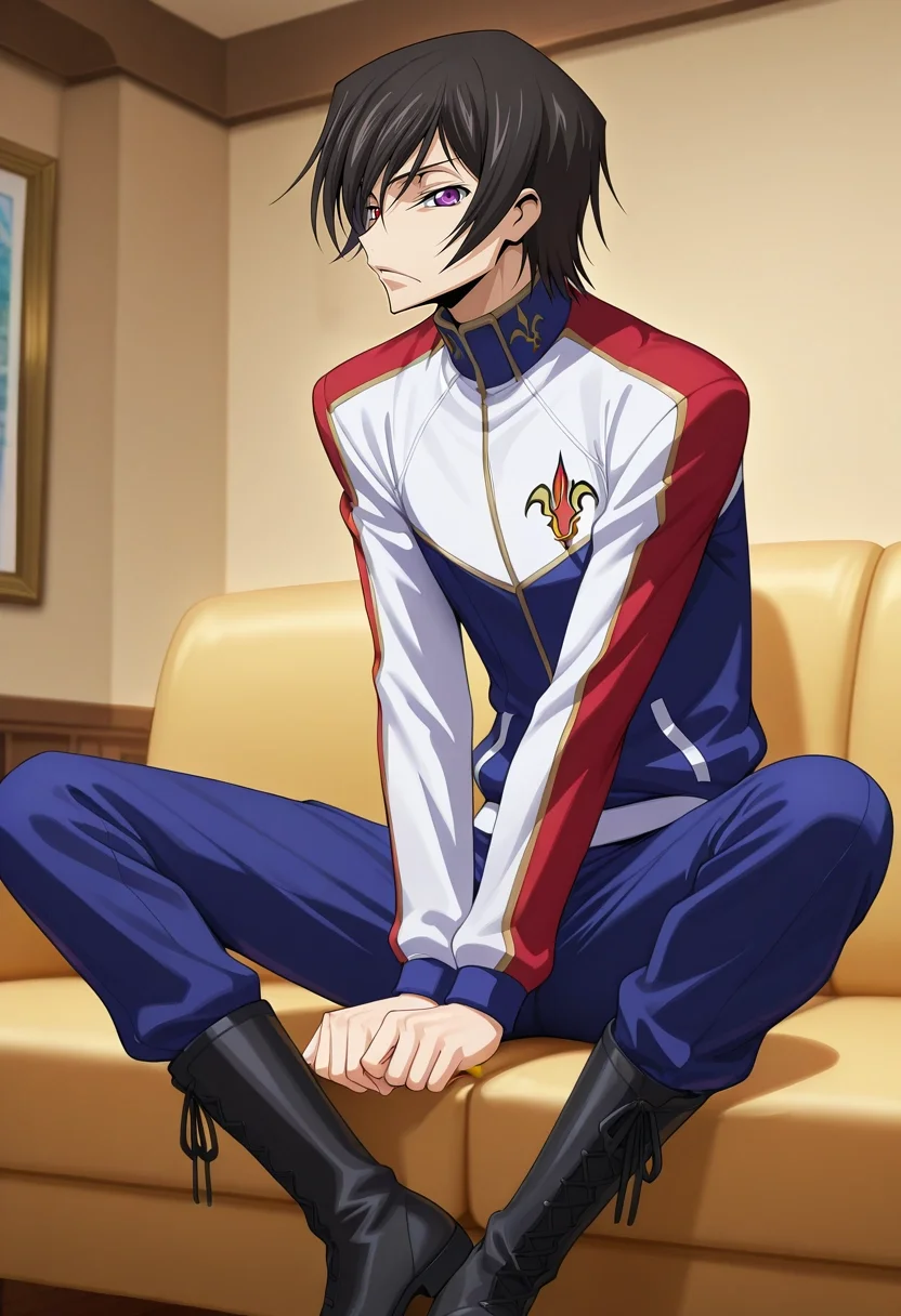 masterpiece, best quality, , anime screencap, , , looking at viewer, 1boy, solo, male focus, <lora:lelouch_lamperouge_ilxl:0.98>, lelouch_lamperouge, black hair, purple eyes, hair between eyes, bangs, short hair, heterochromia, red eyes, , profile, living room, couch, midnight, v arms, squinting, Chenille Convertible cargo pants, Seersucker Fuchsia Embroidered Varsity jacket, Derby boots, ,