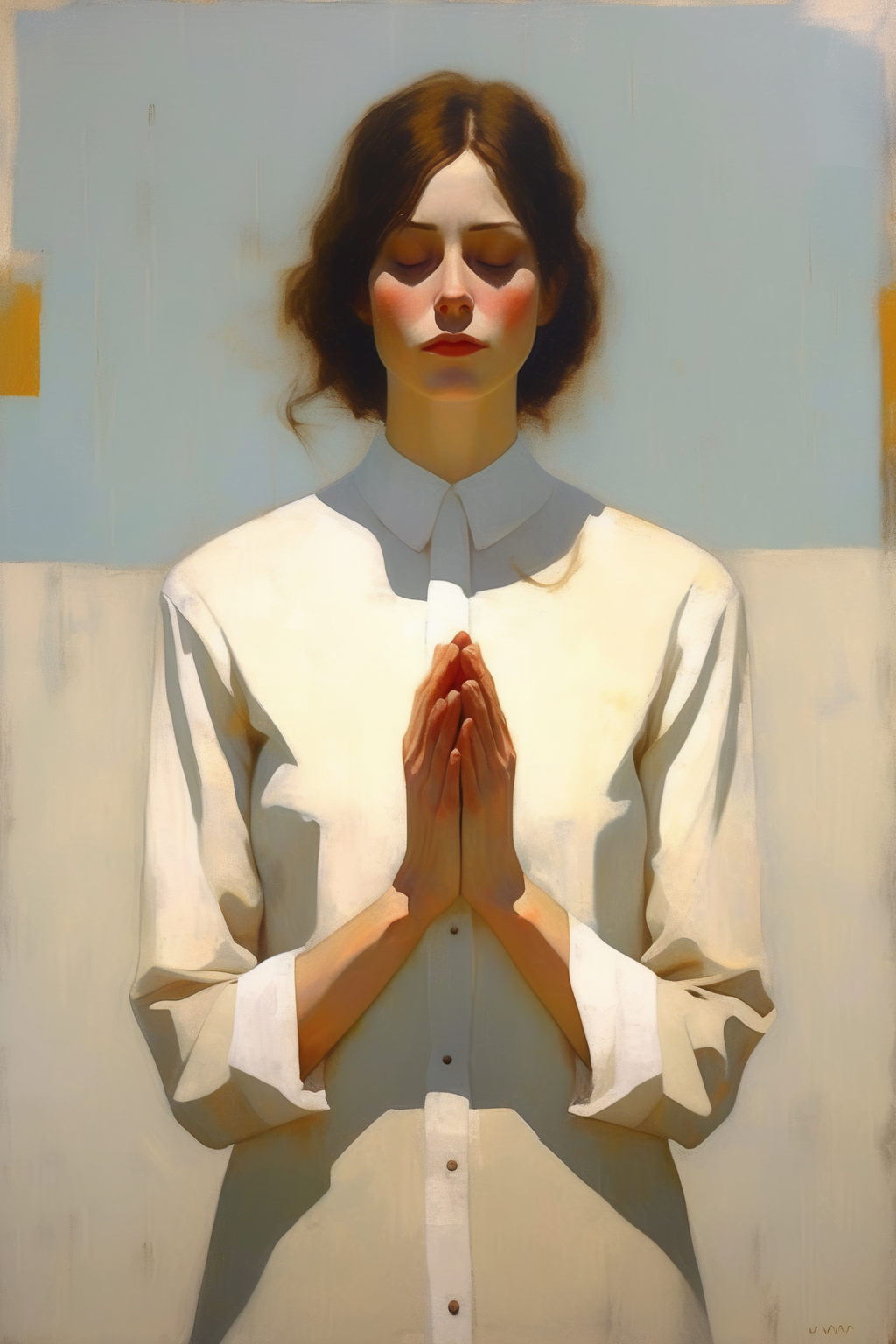 <lora:Euan Uglow Style:1>Euan Uglow Style - White shirt, sweet little note, On Sunday, in prayer, words open up to the sky... bringing to light, the thoughts of eyes, the mirrors...emotional, minimalist, vintage fall aesthetic symetrical painting. refined detail. bright vintage color palette. minimal shading. klimt inspired artwork. painted canvas art