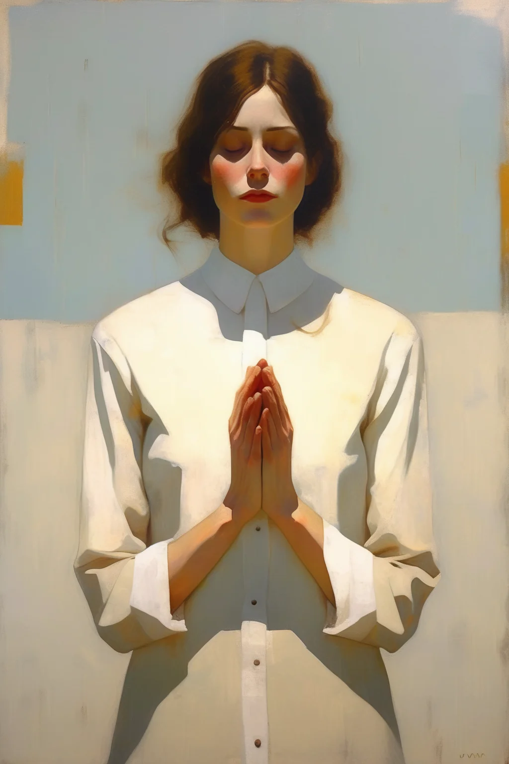<lora:Euan Uglow Style:1>Euan Uglow Style - White shirt, sweet little note, On Sunday, in prayer, words open up to the sky... bringing to light, the thoughts of eyes, the mirrors...emotional, minimalist, vintage fall aesthetic symetrical painting. refined detail. bright vintage color palette. minimal shading. klimt inspired artwork. painted canvas art