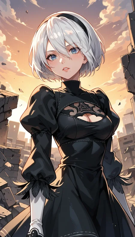 score_9, score_8_up, score_7_up, Anime Style, Portrait, yorha no. 2 type b, short white hair, black dress, hairband, clothing cutout, cleavage cutout, puffy sleeves, black hairband, feather-trimmed sleeves, juliet sleeves, mole under mouth, sunset, rubble in the background, depth of field, dynamic angle, fashion photography, sharp, hyperdetailed:1.15