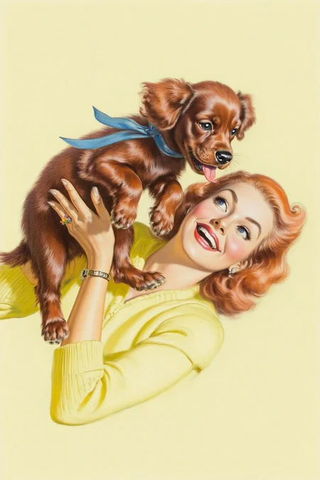 walterbaumhofer1 painting. A smiling red-haired holds a cute brown Cocker Spaniel puppy with floppy ears and a blue ribbon around its neck. The woman has vintage curled hair and wears a light yellow sweater, she is leaning backward, with her head turned sideway and upward slightly, while glancing sideway at the puppy. The puppy has its tongue out as if trying to lick the woman <lora:walterbaumhofer1_cap_d8a4e12:1.0><lora:849097565981942436:0>