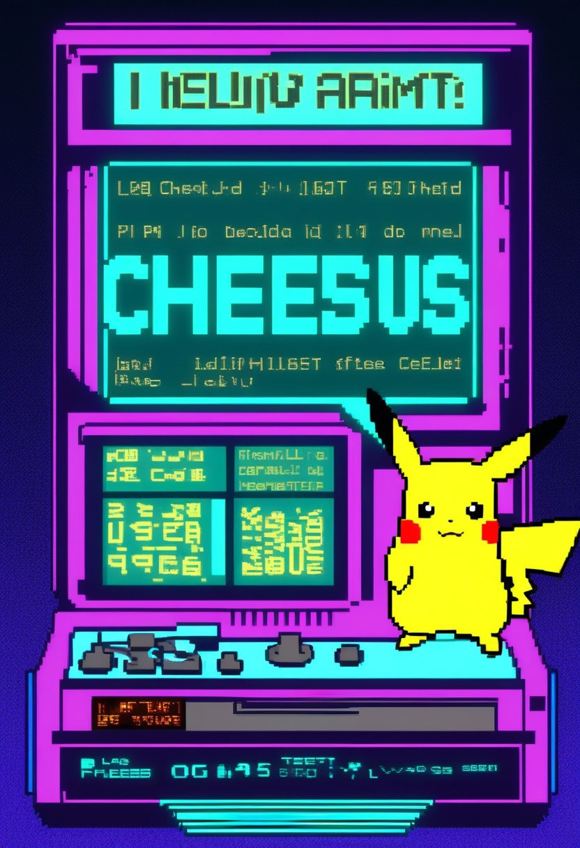 p1x3lt3xt,  (teletext advertisement box:1.3), (pixelized pikachu:1.4), (text: "What would Cheesus Do":1.5), (fake phone number: "555-0123":1.2), (pixelated teletext style:1.4), (retro 1980s theme:1.2), (vaporwave colors:1.3), (purples, teal, and blue:1.2), (nostalgic atmosphere:1.1), (glitch effects:1.2), (digital art:1.2), vibrant and surrealistic