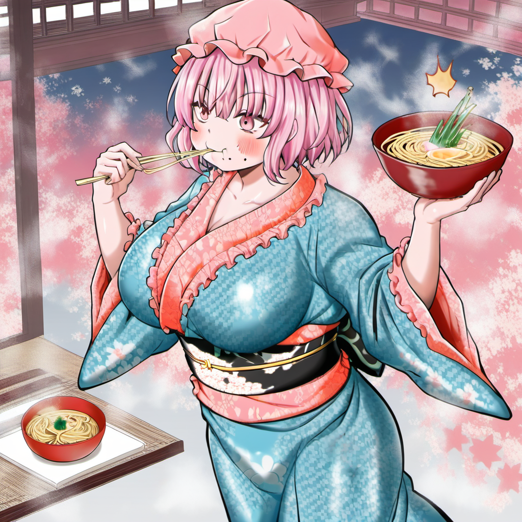1girl, saigyouji yuyuko, huge breast, blue kimono, blush, bowl, char-siu, chibi, eating, food, frilled kimono, frills, hat, japanese clothes, kimono, long sleeves, mob cap, noodles, obi, pink eyes, pink hair, ramen, sash, short hair, solo, spring onion, wavy hair, wide sleeves,
