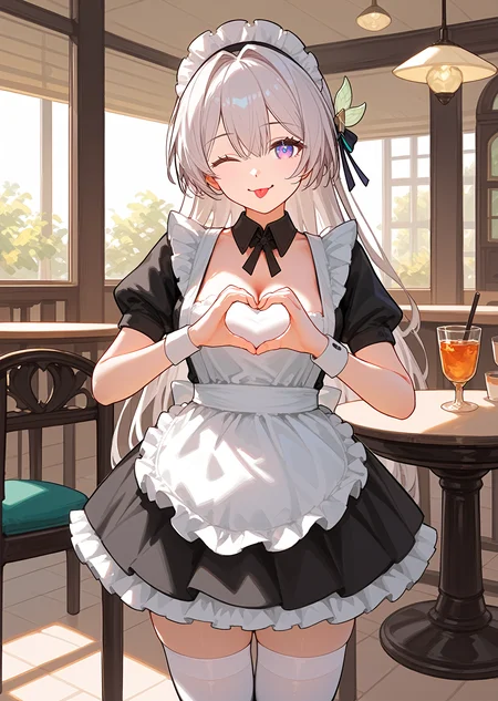 score_9, score_8_up, score_7_up, 1girl, fireflyhsr, maid apron, white thighhighs, hand heart, in a cafe, smile, one one eye closed, tongue out, <lora:firefly-strPO-v1b-000008:0.8>