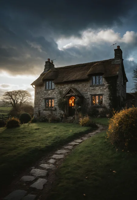 cinematic drama still, climax, shot on kodak portra 400, epiCPhoto, dramatic, beautiful clouds, a sensational (stone cottage with warmly lit windows, inviting medieval home, a dangerously alluring welcome) against an english vale in a fading autumn setting, mib approach the house, windy, a silver lining, fantastic realism, sensational realism, dramatic lighting interplay of glimmering light and dark shadows evokes a sense of warmth and mystery, zavy-rmlght, detailxl