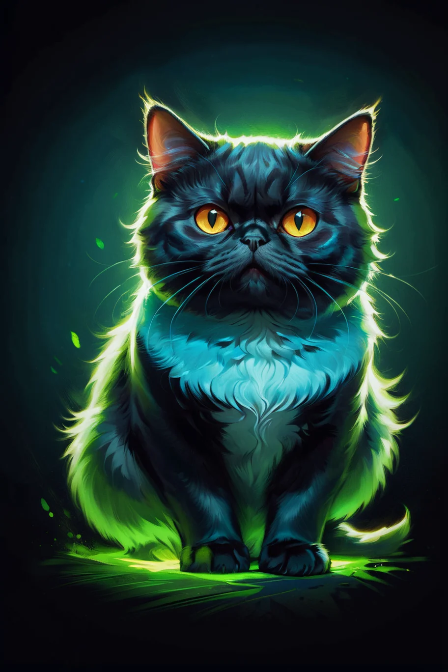 aerial shot of Kodachrome, fluorescent green and DayGlo blue details, concept art, Concept artist, Magical Realism, Side lighting, Cosy, Technicolor, Dazzling Strange (pokemon style Exotic Shorthair Cat:1.2) , Happy, Westernpunk, Oversaturated, BW, CMYK Colors, Beautifully Lit, Dark and Gritty, Desaturated, <lora:Pavel_Sokov:0.8> painting, pavel, sokov. Birds-eye view, grand, adventurous, stunning