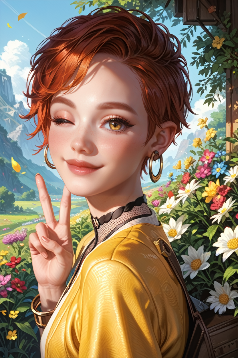 score_9, score_8_up, score_7_up,
<lora:CyberAurore:0.8>
CyberAurore, 1girl, red hair, short hair, yellow eyes, loop earrings, looking at viewer, from side, wink, happy, smile, closed mouth, peace sign, flowers, meadow