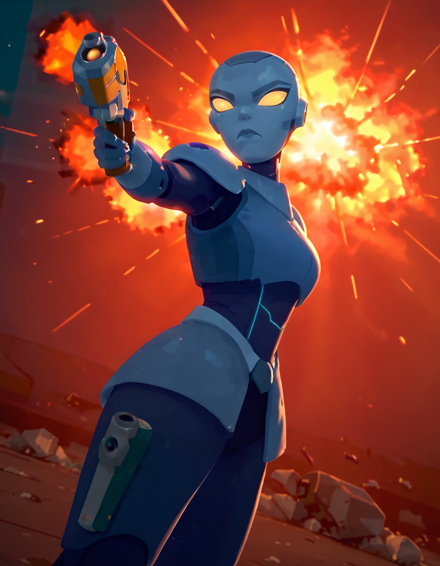 score_9, score_8_up, score_7_up, C-LA, robot, hero entrance, explosion, gun, holing gun