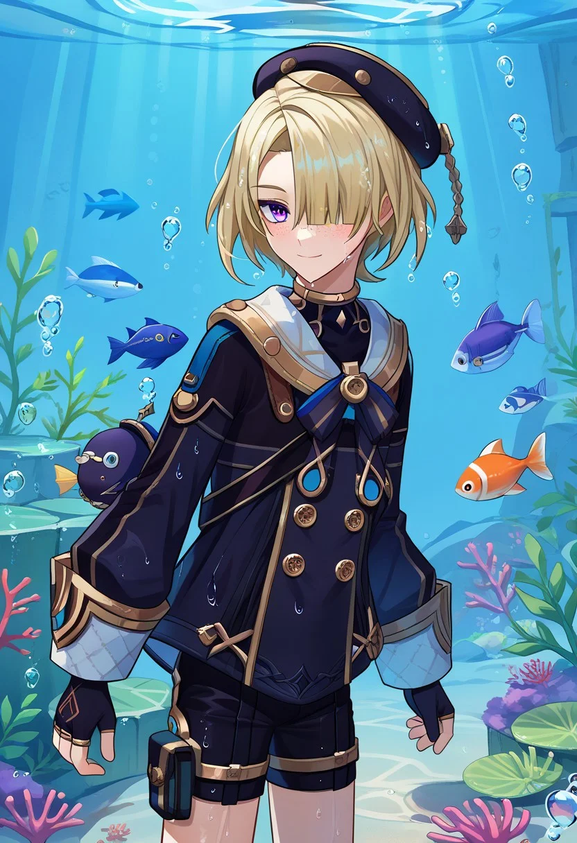 score_9, score_7_up, source_anime
freminet, 1boy, male focus, solo, purple eyes, blonde hair, hair over one eye, freckles, hat, beret, black headwear, diving suit, jacket, blue jacket, long sleeves, buttons, bow, blue bow, gloves, black gloves, fingerless gloves, shorts, black short, smile, profile, looking at viewer
diving, air bubble, bubble, light rays, underwater, fish, swimming, wet, wet hair, diving, cropped_legs
ruins,