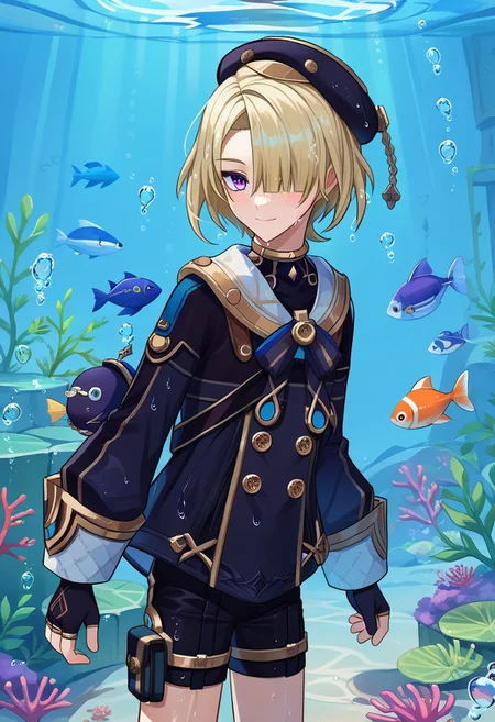 score_9, score_7_up, source_anime
freminet, 1boy, male focus, solo, purple eyes, blonde hair, hair over one eye, freckles, hat, beret, black headwear, diving suit, jacket, blue jacket, long sleeves, buttons, bow, blue bow, gloves, black gloves, fingerless gloves, shorts, black short, smile, profile, looking at viewer
diving, air bubble, bubble, light rays, underwater, fish, swimming, wet, wet hair, diving, cropped_legs
ruins,