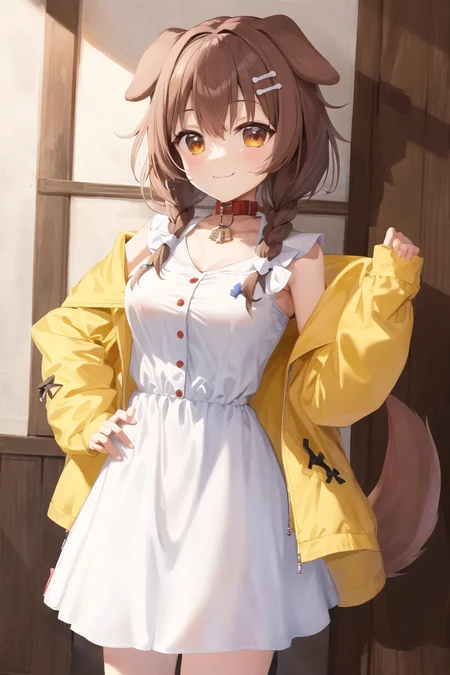 masterpiece, best quality, absurdres, cowboy shot, standing, 
Korone, indoors, :3, smile, dog girl, dog ears, dog tail, twin braids, sidelocks, hair ornament, medium breasts, 
 ((white dress)), yellow jacket, bow, collar, collarbone, dress, jacket, open clothes, open jacket, red bow, short dress, sleeveless dress,