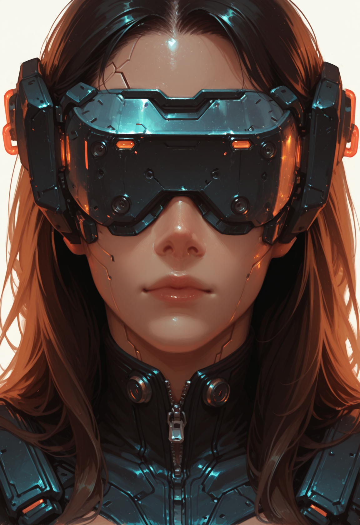 1girl, solo, lips, long hair, science fiction, black hair, portrait, head-mounted display, facing viewer, cyberpunk, cable, brown hair, zipper
portrait, close-up, masterwork, masterpiece, best quality, , dynamic pose,,  dynamic angle, , , (realistic:1.2), (lineless:1.2), detailed, <lora:Detailer_NoobAI_Incrs_v1:0.75>, , aged up, adult, depth of field, , blurry, cheekbones, dynamic lighting