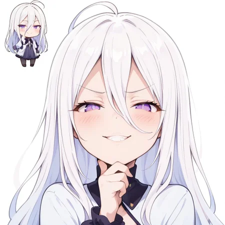 masterpiece, best quality, high resolution, absurdres, 1girl, purple eyes ,white hair  , long_hair, ahoge,hair between eyes,  parted bangs,chibi, looking at viewer, smug, teasing,scoffhand on chin, teeth, centered, aroused, blush, upper body, transparent background, very smug smile, best quality, highres, absurdres, amazing quality, masterpiece, 
Sticker,solid stroke,