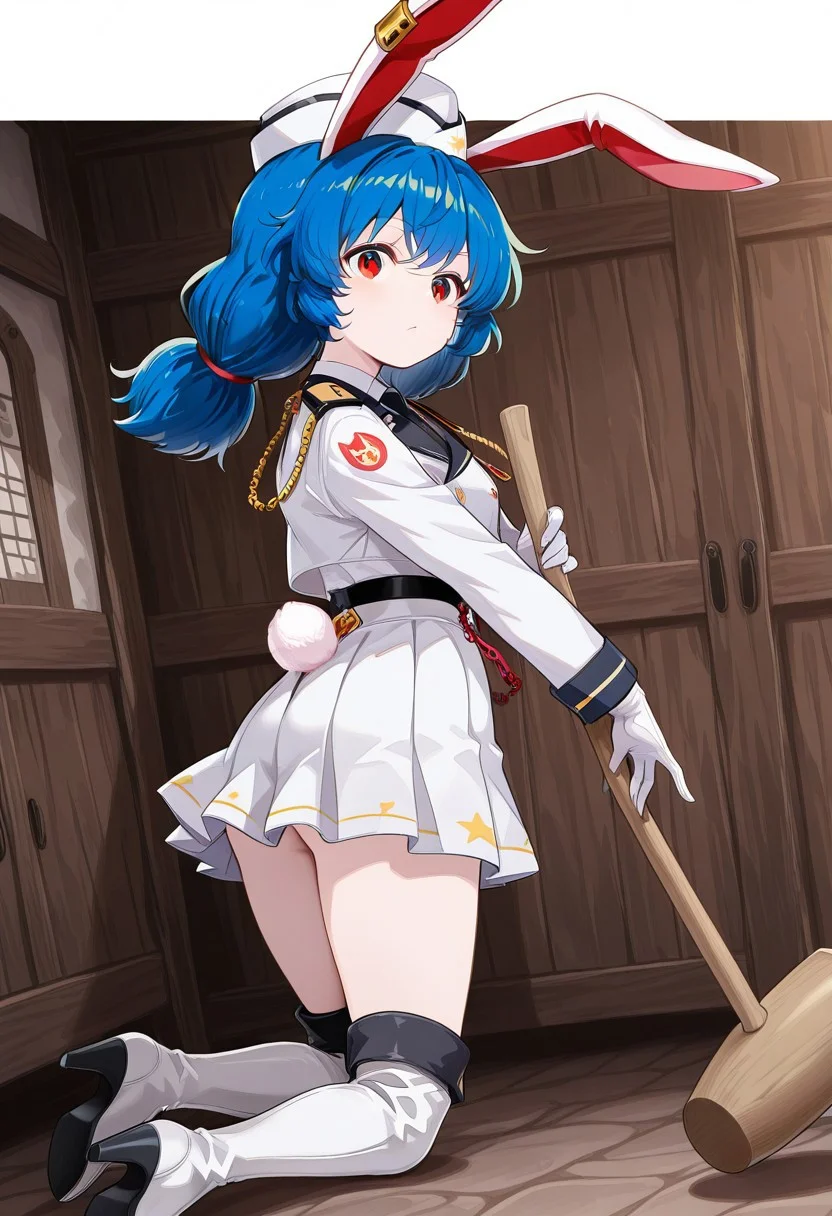 solo, 1girl, seiran, red eyes, blue hair, long hair, low twintails, rabbit ears, rabbit tail, seiran \(white rabbit practical team\), alternate costume, white headwear, earclip, black necktie, military uniform, epaulettes, red chain, white jacket, collared shirt, white shirt, white gloves, pleated skirt, white skirt, white boots, high heel boots, kine, mallet,
masterpiece,