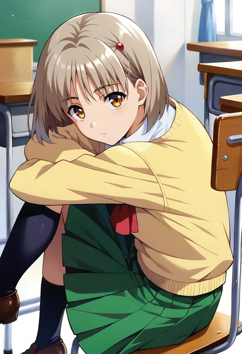 <lora:pony_xl_hitomi:0.8>,hitomi,score_9,score_8_up,score_7_up,source_anime,1girl,hair ornament,school_uniform,yellow sweater,long sleeves,sleeves past wrists,collared_shirt,red ascot,green skirt,black kneehighs,classroom,looking_at_viewer,sitting_on_chair,expressionless,