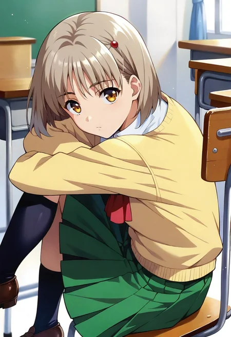 <lora:pony_xl_hitomi:0.8>,hitomi,score_9,score_8_up,score_7_up,source_anime,1girl,hair ornament,school_uniform,yellow sweater,long sleeves,sleeves past wrists,collared_shirt,red ascot,green skirt,black kneehighs,classroom,looking_at_viewer,sitting_on_chair,expressionless,