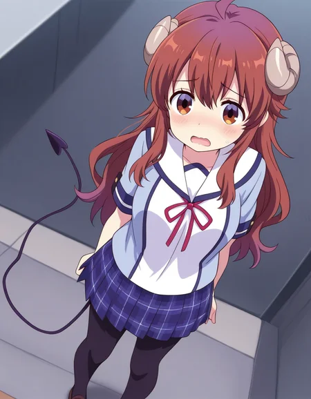 masterpiece, best quality, <lora:Yoshida Yuuko:0.8> shamik0, yoshida yuuko (machikado mazoku), long hair, brown hair, demon girl, demon horns, curled horns, ahoge, demon tail, brown eyes, school uniform, sailor collar, pleated skirt, plaid skirt, blue skirt, black pantyhose, brown loafers, worried, open mouth, looking at viewer, dutch angle