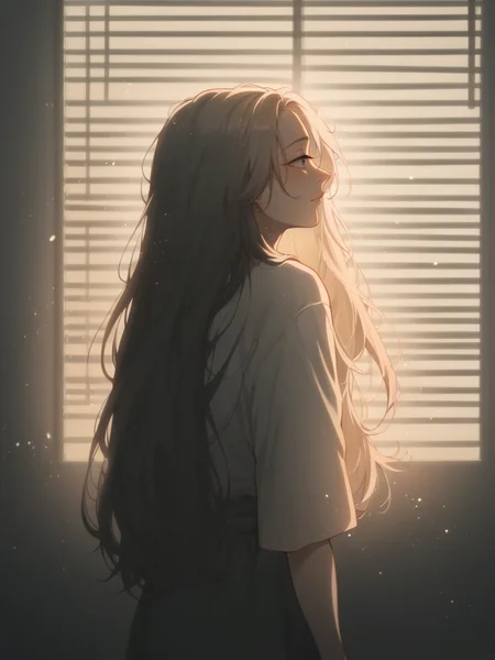 score_9, score_8_up, score_7_up, score_6_up, score_5_up, score_4_up, <lora:V3n3t14nXLP2:1> v3n3t14n, venetian blinds lighting, low light, dark room, lined lighting, long hair, 1girl, light particles, window