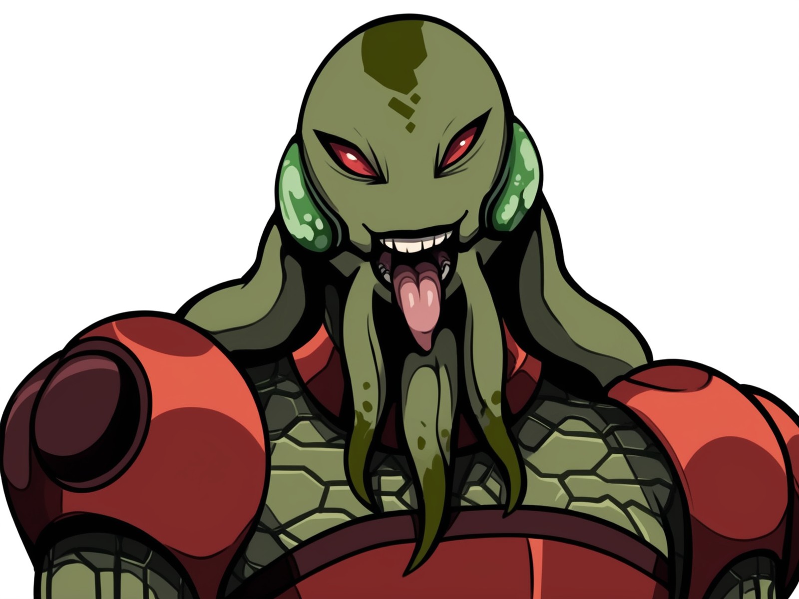 score_9, score_8_up, score_8,source_furry,
<1girl:1.5>,
<solo:1.5>,
female,
chimera_generis,  
green skin, 
breasts, 
cleavage,
colored skin, 
monster girl, 
red eyes, 
small breasts, 
muscular female, 
upper body,
face,
face focus,
armor,
red armor,
alien, 
looking at viewer,
<simple background:1.5>,
<white background:1.5>,
 <lora:Myaxx_Ben10_Pony_SDXL:1.25> myaxx_ben10, happy,
smile,
teeth,
tongue