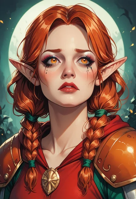 score_9, score_8_up, score_7_up, BREAK, 1woman portrait, dramatic lights ((elf rogue, thief, assasin, orange eyes, ginger, redhead, twin pigtails, braided pigtails, mascara, eyeshadow, mature woman, mature, hood, hooded, red armor, armor, embaressed, ashamed, sad, hood on head,))