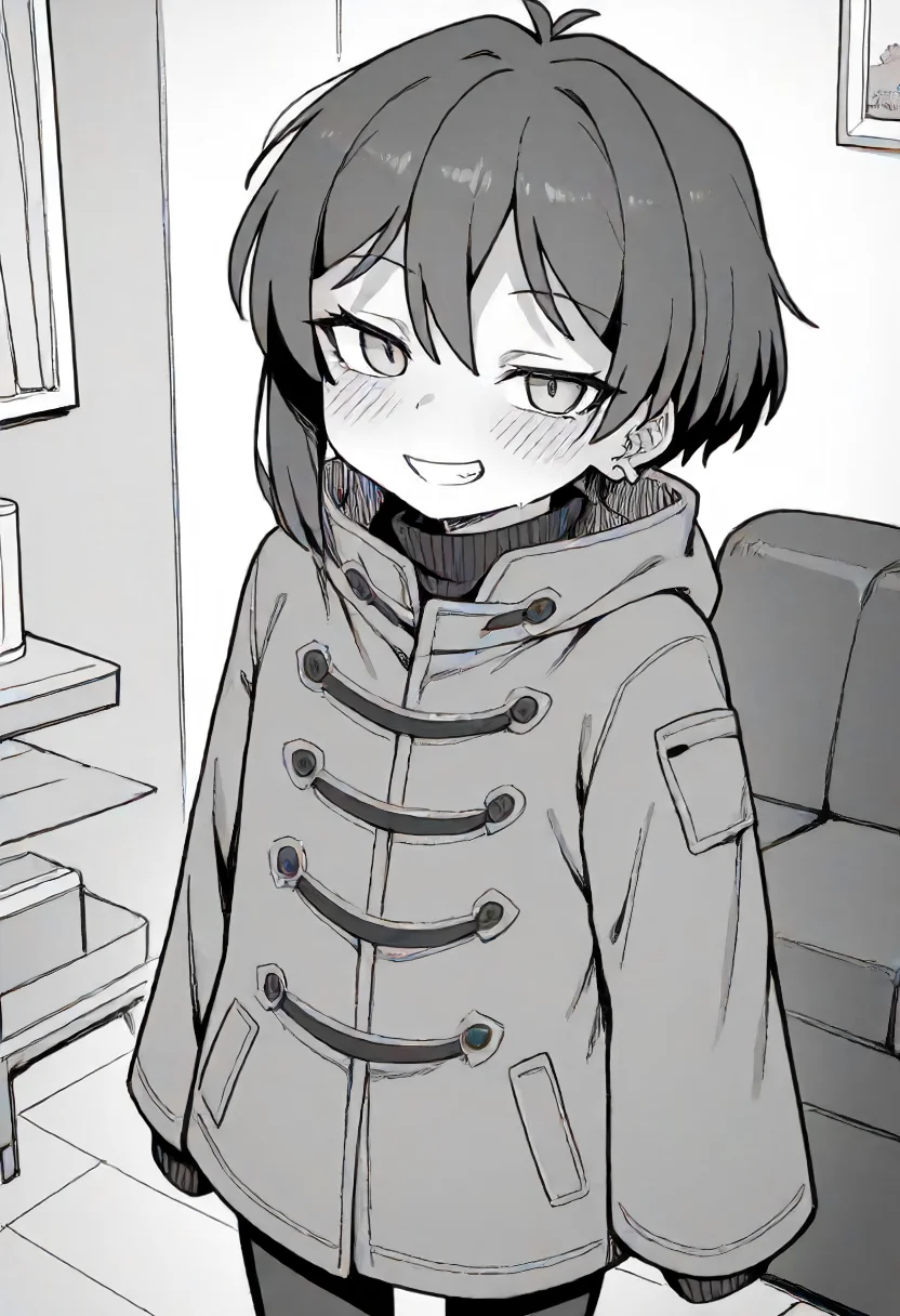score_9, score_8_up, score_7_up, source_anime, masterpiece, <lora:Warui_Hito:1>, 1girl, solo, child, female child, purple hair, green eyes, ahoge, one earring, colored, beautiful colors,
long brown coat, black pantyhose,
standing, looking at viewer,
indoors, living room, <lora:Warui_Hito:1>