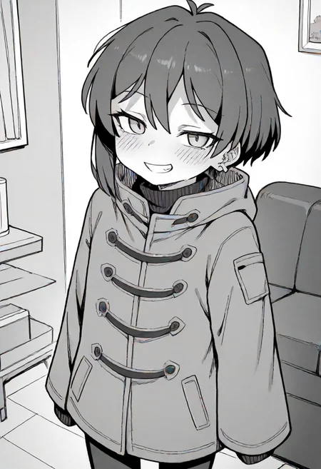 score_9, score_8_up, score_7_up, source_anime, masterpiece, <lora:Warui_Hito:1>, 1girl, solo, child, female child, purple hair, green eyes, ahoge, one earring, colored,  beautiful colors,
long brown coat, black pantyhose, 
standing, looking at viewer,
indoors, living room, <lora:Warui_Hito:1>