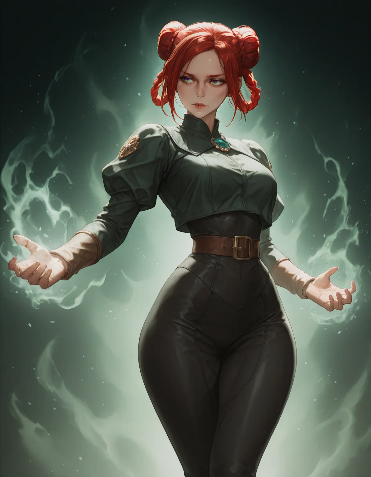 masterpiece, best quality, newest, absurdres, highres, ultra-detailed, semirealistic, cinematic lighting, raytracing,
TW3Triss, 1girl, red hair, hair buns, green eyes, long_hair, spell aura, full-body, dynamic_pose, narrow waist, wide hips, NishimuraXL, chiaroscuro, lineart, thick_thighs, mage, SS-Illu,