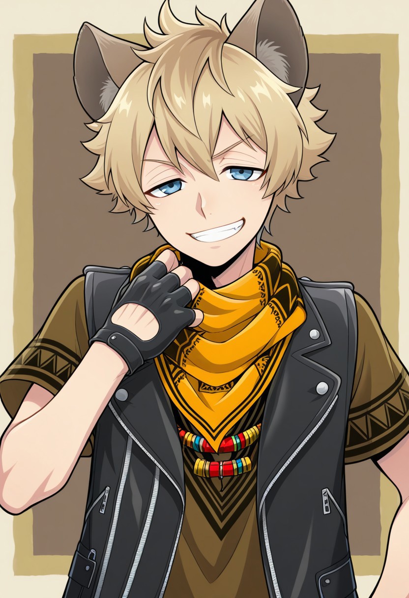 masterpiece,best quality,amazing quality, source_anime,
RuggieBucchi, 1boy, animal ears, male focus, smile, blue eyes, solo, upper body, looking at viewer, grin, blonde hair,, dorm uniform, neckerchief, shirt, brown shirt, short sleeves, jewelry, necklace, jacket, cropped jacket, sleeveless jacket, open jacket, gloves, black gloves, fingerless gloves, single glove