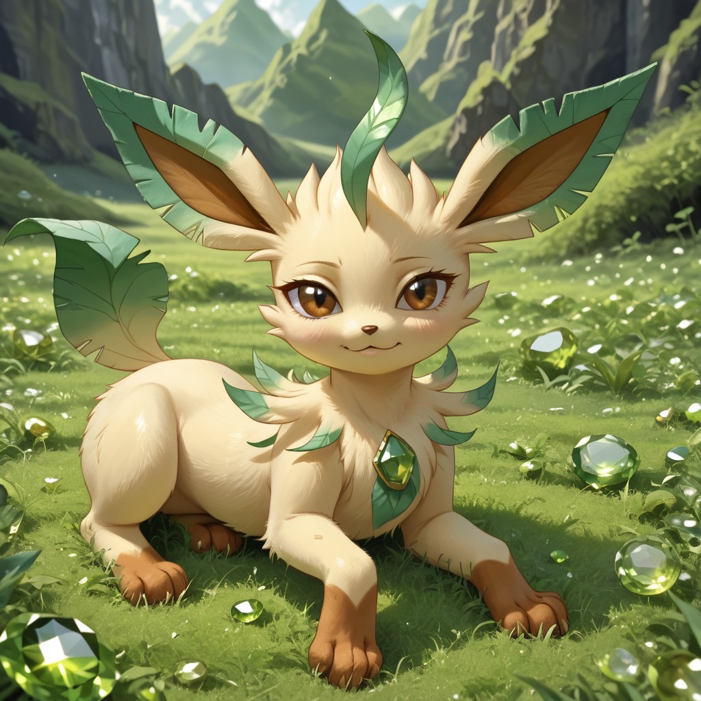 In a gemstone field,outside,hud_per1d0t_wrld, green gemstone, crystal, gem, Brown Eyes,shiny,Leafeon_(Pokemon),body made out of crystals,Light Yellow FurBrown Tipped Hands,solo,female1,look at the viewers,in a bed,beautiful detail,masterpiece,high-quality,