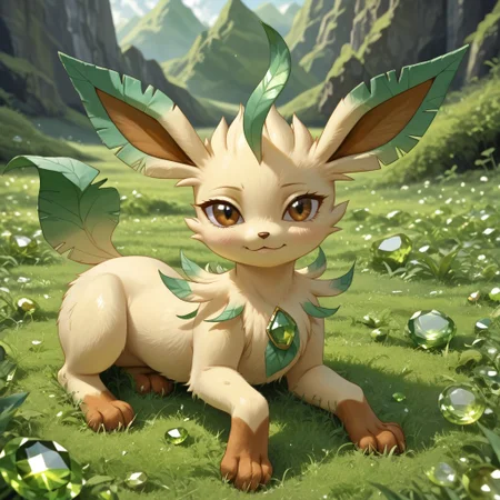 In a gemstone field,outside,hud_per1d0t_wrld, green gemstone, crystal, gem, Brown Eyes,shiny,Leafeon_(Pokemon),body made out of crystals,Light Yellow FurBrown Tipped Hands,solo,female1,look at the viewers,in a bed,beautiful detail,masterpiece,high-quality,