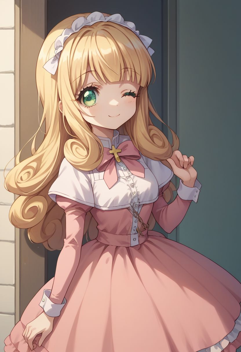 score_9, score_8_up, score_7_up, source_anime, highly detailed, 1girl, solo, cute,
poporon, 1girl, one eye closed, solo, blonde hair, long hair, dress, pink dress, green eyes, wink,
