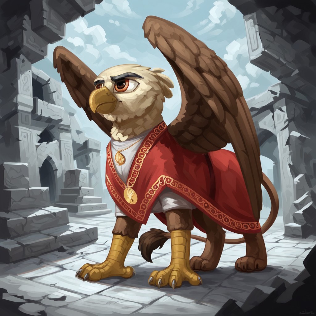masterpiece, score_9, score_8_up, score_7_up, source_furry, (best quality:1.1), ultra-detailed, high resolution, solo, Archon Eros VII, mlp, griffon, avian, old, feral, male, brown eyes, thick black eyebrows, beak, closed mouth, feathery, wings, full body, red religious clothing, red yarmulke, jewelry, necklace, detailed facial features, dark, mysterious crystals, dim lighting, underground, ancient ruins, reflective crystals, looking around cautiously, holding a torch, glowing crystals, highly visible, anatomically correct, detailed background