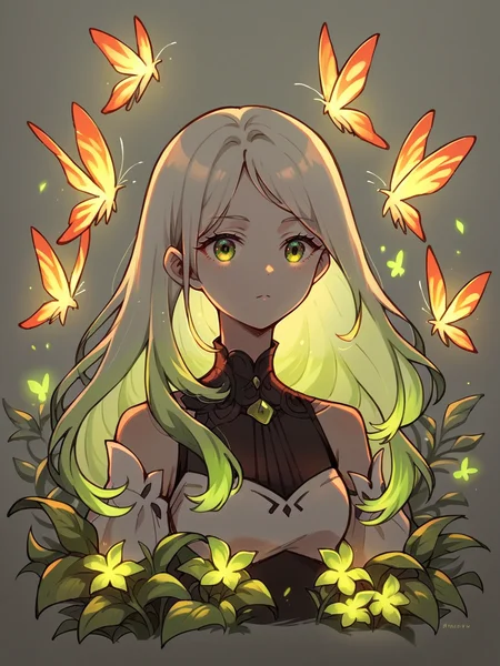 score_9, score_8_up, score_7_up, score_6_up, <lora:c0l0urgl0wXLP:1> c0l0urgl0w, 1girl, long hair, green, plants, fireflies,