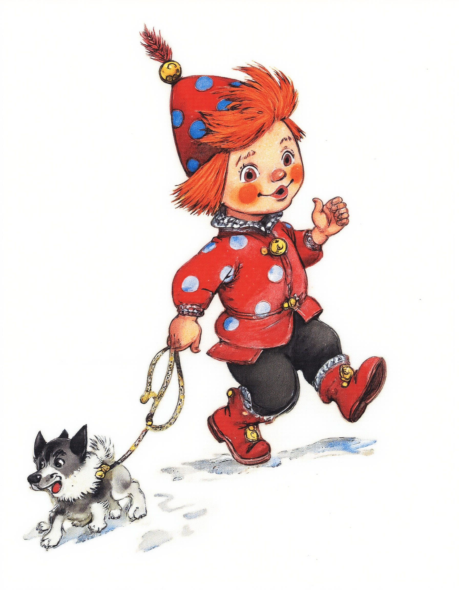 <lora:lv:1>, This is a colorful, whimsical drawing in a cartoon style, depicting a cheerful, young boy and his dog. The boy, who appears to be around six years old, is running to the right, holding a leash in his right hand. He has bright red hair that is tousled and sticking up, and he wears a red hat with a blue polka dot pattern and a yellow bell on top. His eyes are large and expressive, and his rosy cheeks add to his animated appearance. He is dressed in a red coat with large, white polka dots, black pants with white stripes, and red boots. The dog he is walking is small and white with black patches on its face and ears, and it has a playful expression. The dog is walking to the right on a leash, and its paws are leaving small, white paw prints in the snow. The background is plain white, making the vibrant colors of the boy and dog stand out prominently. The drawing has a playful, lively atmosphere, with soft, textured brushstrokes that give it a hand-drawn, sketch-like quality. The overall style is reminiscent of classic children's book illustrations, evoking a sense of joy and adventure.
