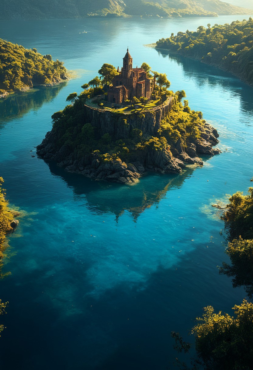 Breathtaking views, mystical place, detailed landscape, lighting, An island in the middle of the water, double exposure, water only, Reflection, clear and beautiful, sunlight, blue sky, day, beautiful view,  depth of field, masterpiece, best quality, 8k, ultra-detailed, very aesthetic, illustration, superb composition, finest details, intricate details, absurdres, high contrast, RAW, concept art, perfect composition, aerial view