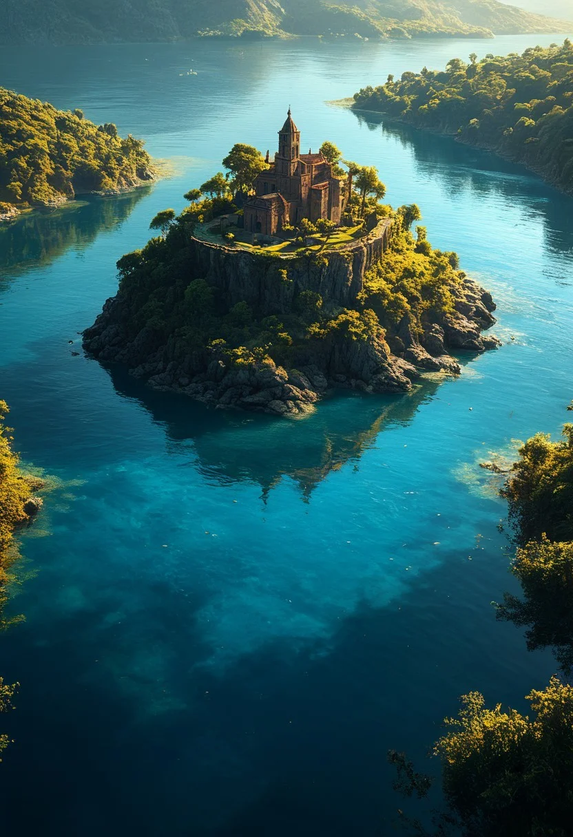 Breathtaking views, mystical place, detailed landscape, lighting, An island in the middle of the water, double exposure, water only, Reflection, clear and beautiful, sunlight, blue sky, day, beautiful view, depth of field, masterpiece, best quality, 8k, ultra-detailed, very aesthetic, illustration, superb composition, finest details, intricate details, absurdres, high contrast, RAW, concept art, perfect composition, aerial view