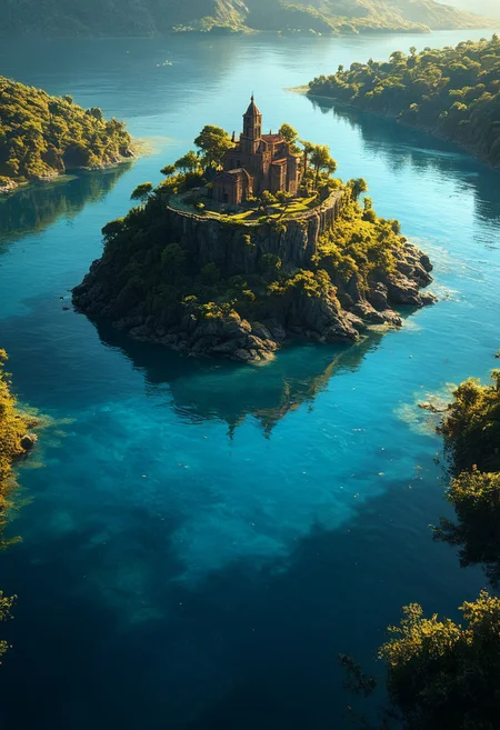 Breathtaking views, mystical place, detailed landscape, lighting, An island in the middle of the water, double exposure, water only, Reflection, clear and beautiful, sunlight, blue sky, day, beautiful view, depth of field, masterpiece, best quality, 8k, ultra-detailed, very aesthetic, illustration, superb composition, finest details, intricate details, absurdres, high contrast, RAW, concept art, perfect composition, aerial view