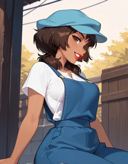 masterpiece, best quality, amazing quality, very aesthetic, absurdres, newest, detailed background, 4k, 8k, outdoors, beautiful eyes, hyperdetailed,sitting, profile
audreyxd, 1girl, solo, red lips, lipstick, dark-skinned female, medium hair, hat, lips, brown eyes, shirt, short sleeves, overall, cowboy shot, medium breasts, looking at viewer, grin, blushed,
<lora:Audrey_Ramirez_-_Disney_Illustrious:1>