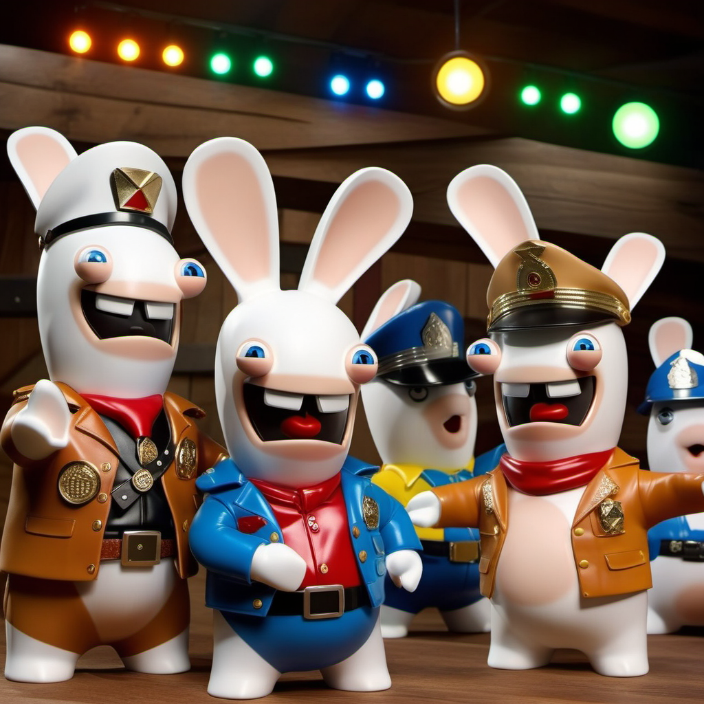 a rabbit dressed as a cowboy, a rabbit dressed as a indian, a rabbit dressed with a latex cap,  a rabbit dressed with a hardhat, a rabbit dressed as a cop,  like the village people band, highly detailed, photography, ultra sharp, film, professional, 64k  <lora:LapinsCrétins1024-000175:0.8> <lora:add-detail-xl:1.5>