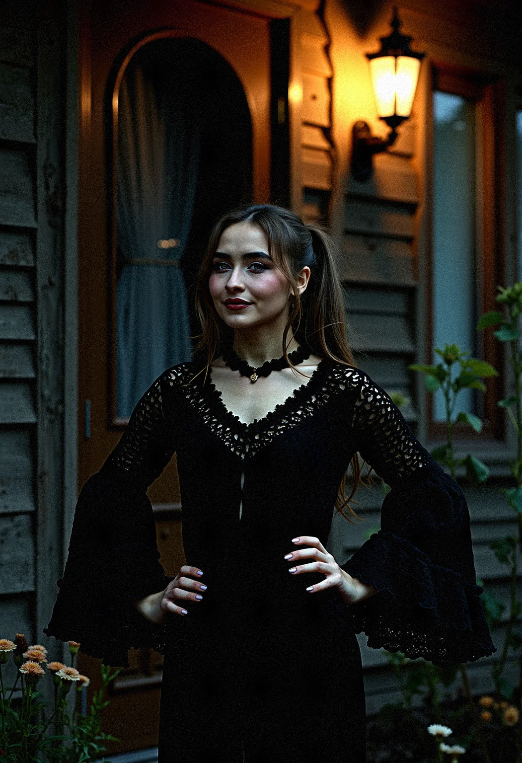 Extremely photorealistic photography of A Gothic woman sabcarp with dark tones and intricate details, dressed in a bohemian crochet dress with voluminous bell sleeves. The outside rustic wooden house setting is illuminated by dramatic, high-contrast lighting, creating a moody, mysterious atmosphere. Black flowers and wilted blooms add to the textured, haunting beauty of the scene.
Incorporate a light mist or fog rolling through her surrounding, softening the edges and adding mystery.Introduce floating dust particles illuminated by light beams, adding texture and realism.
The woman places one hand on her hip, with her head tilted and a confident smirk.