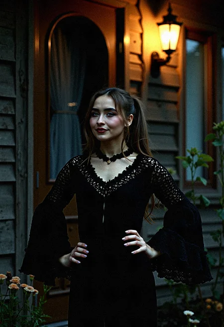 Extremely photorealistic photography of A Gothic woman sabcarp with dark tones and intricate details, dressed in a bohemian crochet dress with voluminous bell sleeves. The outside rustic wooden house setting is illuminated by dramatic, high-contrast lighting, creating a moody, mysterious atmosphere. Black flowers and wilted blooms add to the textured, haunting beauty of the scene.
Incorporate a light mist or fog rolling through her surrounding, softening the edges and adding mystery.Introduce floating dust particles illuminated by light beams, adding texture and realism.
The woman places one hand on her hip, with her head tilted and a confident smirk.