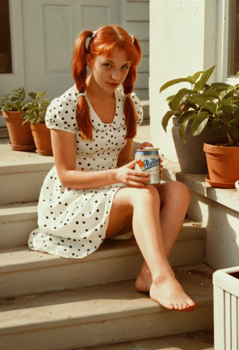 retro photo, young red-haired woman with pigtails sitting on front steps, wearing a white dress with polka dots, opening a can of Valley peaches, potted plants, laundry basket, nostalgic vintage film look, slight grain